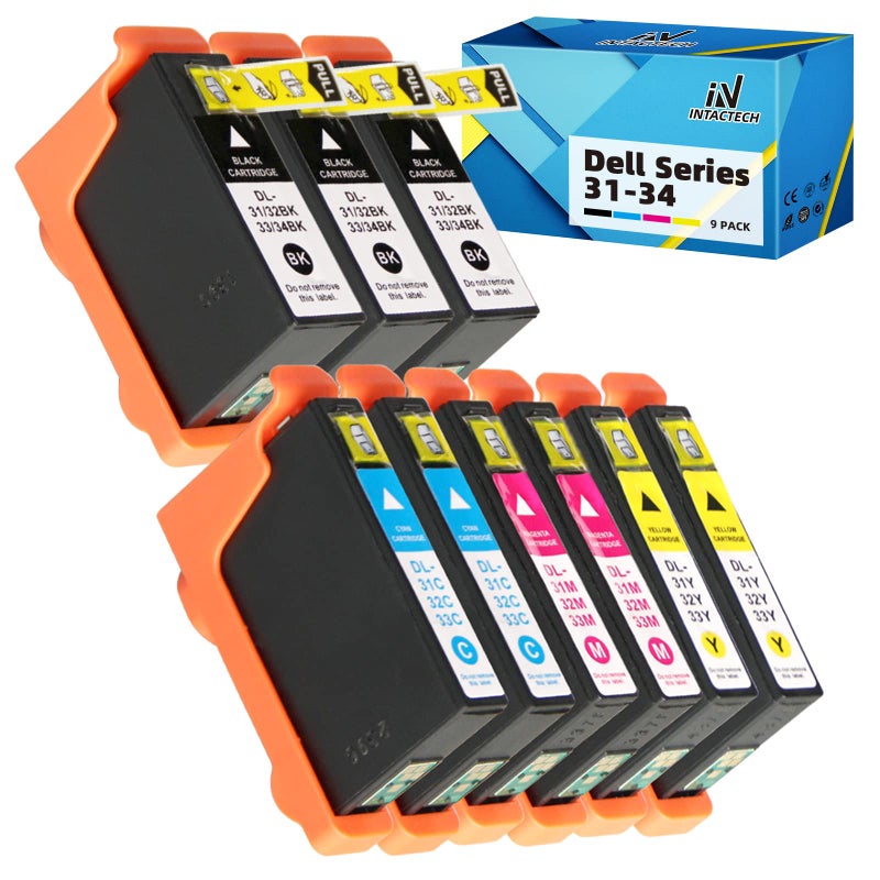 IN INTACTECH V525w V725w Printer Ink Cartridges Compatible with Dell Series 31 32 33 34 Ink (9-Pack, 3 Black, 2 Cyan, 2 Magenta, 2 Yellow, Intactech) - Image 1